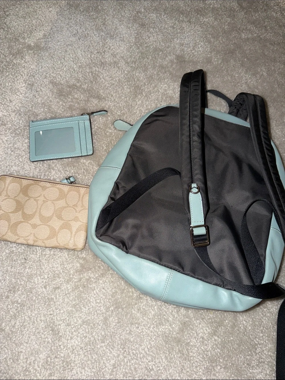 Coach Beige Signature Canvas Backpack with Blue Trim and Wallets
